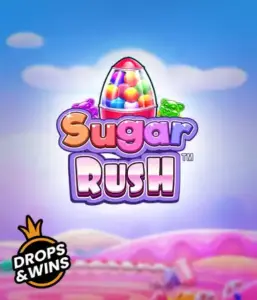 Изображение игрового автомата Sugar Rush от Pragmatic Play, демонстрирующее разноцветный мир конфет и сладостей. На изображении видны иконки в виде различных сладостей, окруженные яркой атмосферой. В верхней части расположен логотип игры Sugar Rush, подчеркивающий тематику слота.